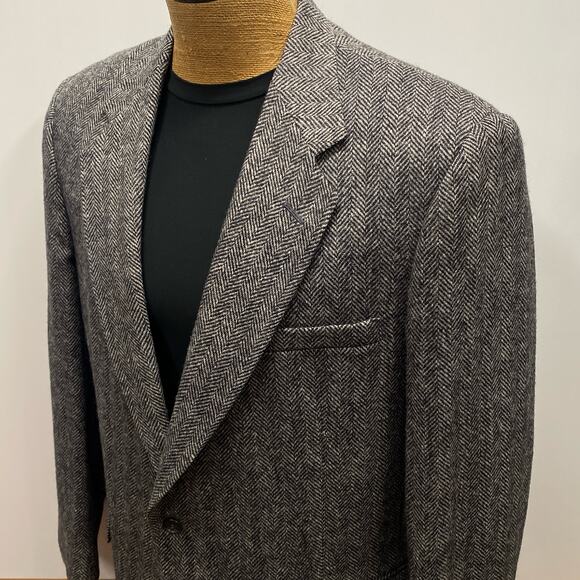 Towncraft 100% Shetland Wool Gray Herringbone Men 44L Blazer 2 Button Sport Coat - Picture 3 of 11